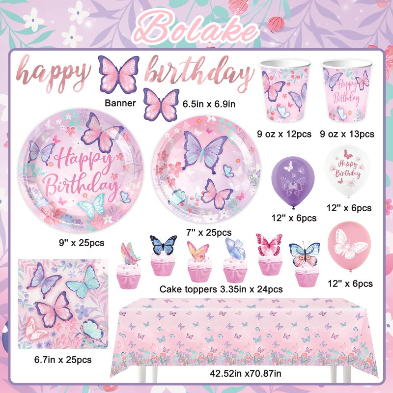 Bolake Butterfly Birthday Party Supplies Decorations Tableware Set Serves 25 Butterfly Disposable Paper Plates Napkins, Cups, Cake Toppers Tablecloth, Banner, and Balloons for Butterfly Decorations - Image 2